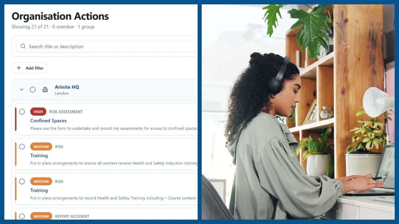 Arinite health and safety software showing organisation actions prioritised by risk